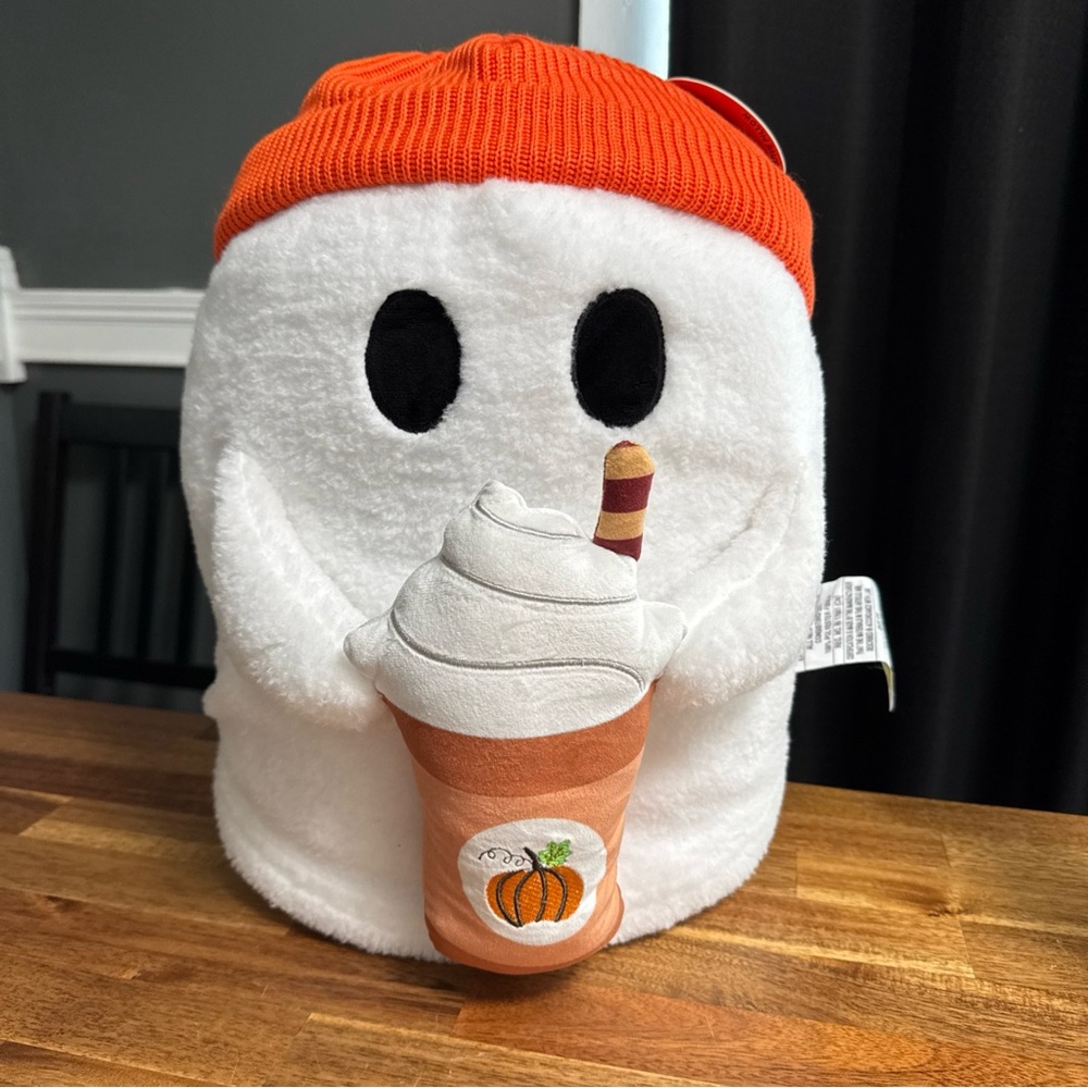 VIRAL Ghost Pillow with Pumpkin Spice Latte in Orange Beanie 16” NEW Plush